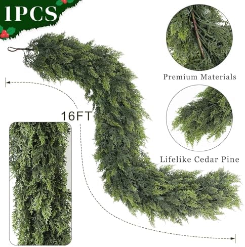 16FT Cedar Garland for Fireplace - Artificial Christmas Garland Thick and Lush Realistic Faux Cedar Fake Pine Needles Garland for Table,Window,Stairs,Mante,Indoor Outdoor Decor (1PCS)