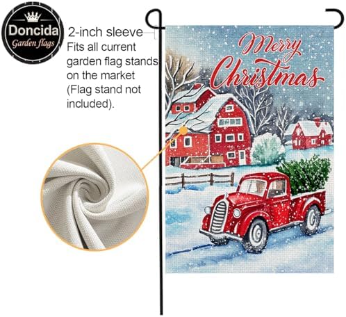 Doncida Merry Christmas Garden Flag 12x18 Double Sided Burlap Red Truck Christmas Tree Rustic Quote House Winter Xmas Yard Flag for Outside Decoration