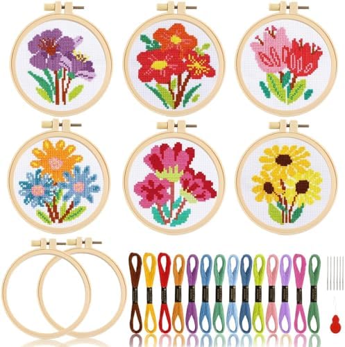 ZOIIWA 6PCS Fall Themed Flower Cross Sewing Kits for Beginners Flower DIY Embroidery Kit for Kids Adults Party Birthday Christmas Gift Needlepoint Patterns with 2 Embroidery Hoops Craft Supplies