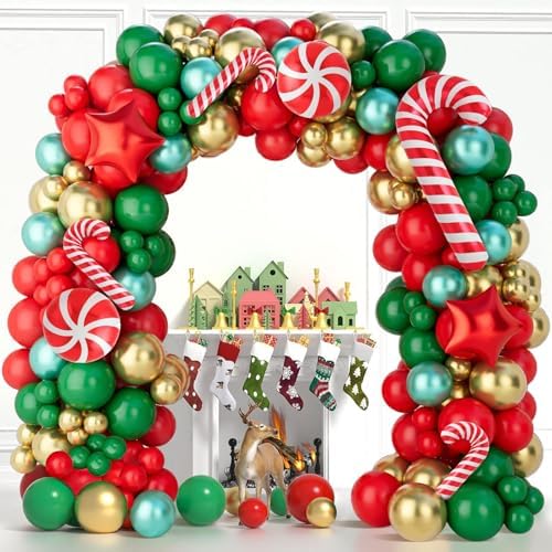Christmas Balloon Arch Kit, 150Pcs Red Green Gold Balloon Garland with Candy Cane Balloons Red Star Balloons for Christmas Party Decorations, Xmas Decorations for Indoors