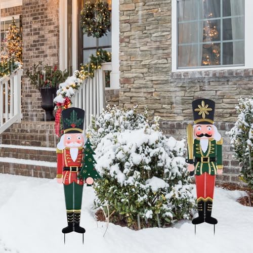 YEAHOME Outdoor Christmas Decorations, Set of 2 Metal Nutcracker Decorative Garden Stakes for Christmas Outdoor Yard, Xmas Walnut Soldier Yard Signs for Outside Home Garden Lawn Porch Pathway Decor
