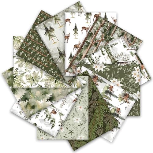 Whaline 12Pcs Christmas Watercolor Forest Cotton Fabric Bundles 18 x 22 Inch Green Christmas Tree Flower Deer Fat Quarter Xmas Quilting Patchwork for DIY Handmade Sewing Crafting