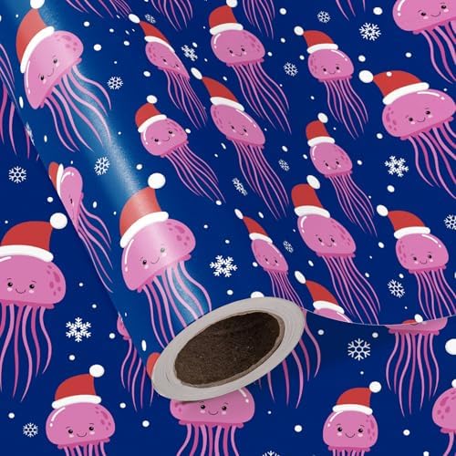 WRAPAHOLIC Ocean Christmas Wrapping Paper - Mini Roll - 17 Inch x 16.5 Feet - Jellyfish with Snowflake Wrapping Paper for Christmas Holiday, Party Celebration