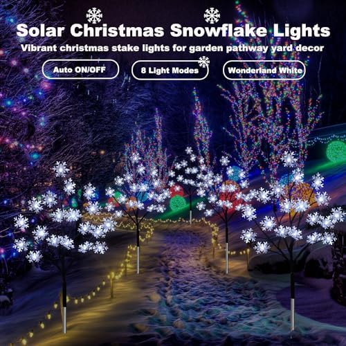 4-Pack 80LEDs Solar Christmas Snowflake Stake Lights, 8 Modes Solar Snowflake Christmas Decorations Outdoor Lights, Waterproof Outdoor Xmas Decorations for Garden Yard Pathway Walkway