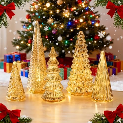 Set of 5 Illuminated Mercury Glass Trees - Upgrade Mercury Glass Christmas Trees with LED Lighted Tabletop Decor, Crackled Mercury GlassTrees for Xmas Home Party Centerpiece Tabletop Mantel (Gold)