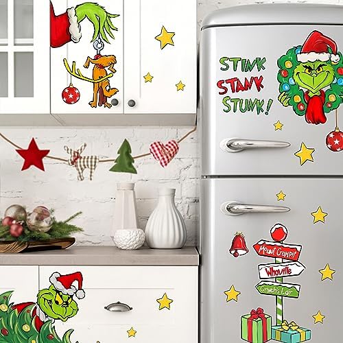 Yovkky Merry Christmas Grinch Window Clings, Xmas Tree Max Dog Wreath Sign 2026 New Year Green Red Stickers Decals Decor, Stink Stank Stunk Funny Winter Holiday Home Kitchen Decorations