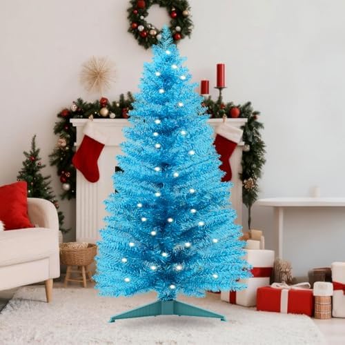 4ft Lighted Artificial Blue Christmas Tree，Small Snowy Artificial Xmas Tree, Not Pre-lit White Tinsel Pine Trees with Lights for Small Spaces, Office Lobby & Winter Wedding Centerpiece