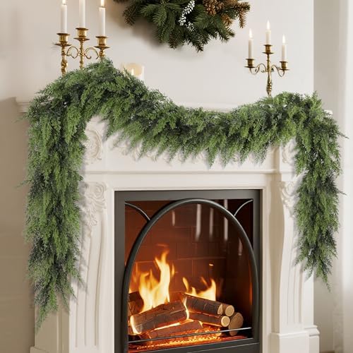 YOFIT 9FT Real Touch Cedar Christmas Garland - Artificial Greenery for Fireplace Mantel, Staircase & Door Decor, Indoor/Outdoor Holiday Christmas Decorations