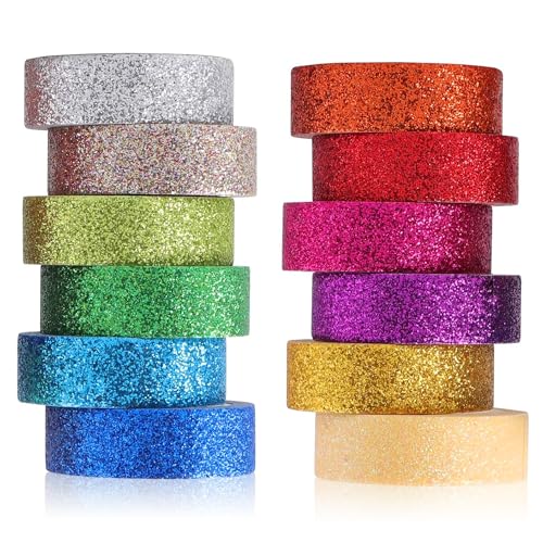 12 Rolls Glitter Washi Tape Set Christmas Washi Masking Tape Decorative Adhesive Tape for Scrapbooking DIY Crafts Crafters Embellished Journals Planners Cards Gift Wrapping Ribbons Wedding