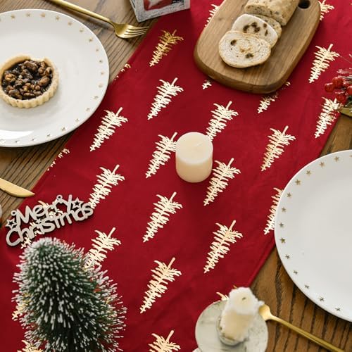 Artoid Mode Christmas Tree Red Dutch Fleece Table Runner, Glitter Metallic Foil Holiday Kitchen Dining Table Decoration for Home Party Decor 13x72 Inch