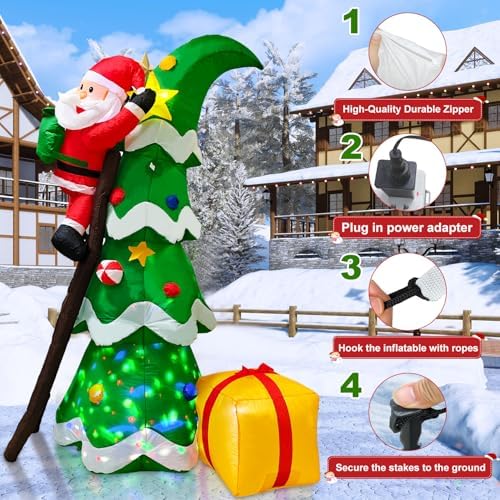 7ft Christmas Inflatables Outdoor Decorations, Christmas Blow up Santa Claus with Tree Built-in Rotating Colorful LED Lights, Xmas Holiday Party Indoor Outdoor Décor for Yard Lawn Garden