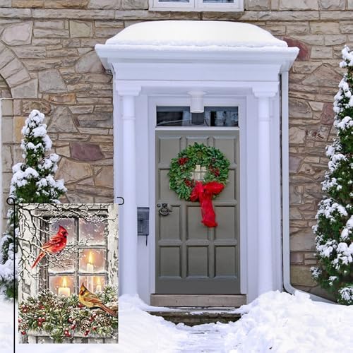 Winter Candle Cardinal Garden Flags 12×18 Inch Double Sided Xmas Cardinal Garden Flags Rustic Farmhouse Yard Red Birds Flags with Pine Twigs Window Candle Berry Outdoor Decor Christmas Garden Flag