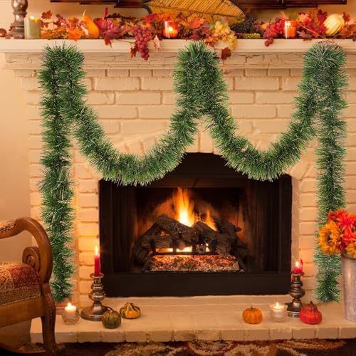 Green Garland Christmas Decorations,50Ft Xams Greenery Tinsel Stems Non-Lit Soft Twist Garland Decor for Tree Stairs Railing Front Door Mantle Fireplace Indoor Outdoor Holiday Home