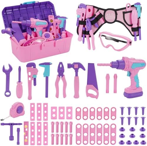 Kids Tool Set, 67 PCS Pink Kids Tool Box for Girls, Electronic Toy Drill&Tape Measure, Pretend Play Girls Toys Construction Tools Kit & Belt, Christmas Birthday Gift Ideas Toddler Tool Set Age 3 4 5+