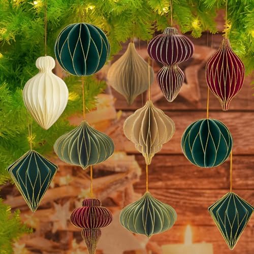 12Pcs Christmas Paper Honeycomb Ornaments for Tree, 3D Glitter Edge Paper Honeycomb Lanterns Foldable Neutral Hanging Decorations for Xmas Tree New Year Holiday Party Home Decor, Red Green Beige