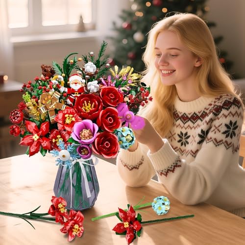 CUBIMANA 25 Pack Christmas Flower Bouquet Building Set with Light - Flowers Botanical Collection Rose Santa Gingerbread Man Artificial Plant Home Decor Party Favor Christmas Gifts for Adults Kids 12+