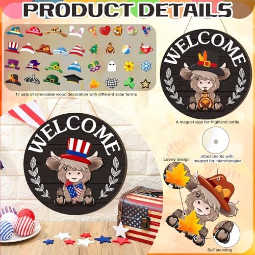 35 Pcs Christmas Interchangeable Highland Cow Welcome Sign Highland Cow Seasonal Wooden Hanging Door Decor Thanksgiving Farmhouse Hanging Sign for Front Door Xmas Party Decoration Gift