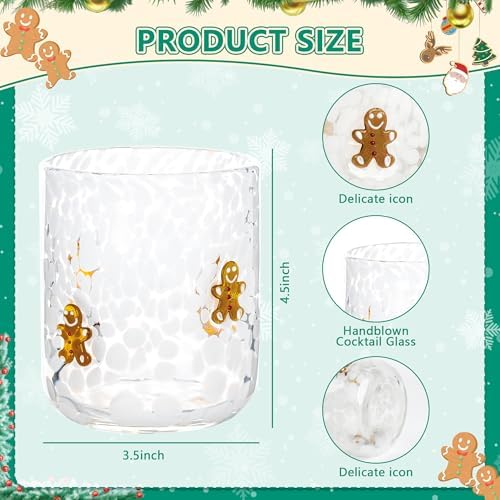 2 Pcs Christmas Icon Glass Cups Set-14 oz Gingerbread Man and Snowman Icon Wine Glasses Double Old Fashioned Icon Hand blown Cocktail Glasses Drinking Cups for Holiday Party Supplies and Lovely Gift