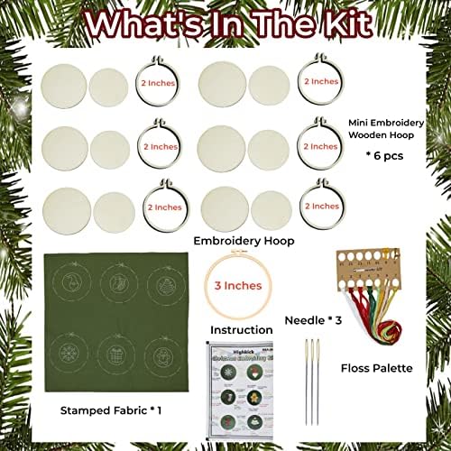 Highkick Christmas Embroidery Kits for Beginners, 6 Mini Craft Gift Kit, Santa, Snowflake, Christmas Tree