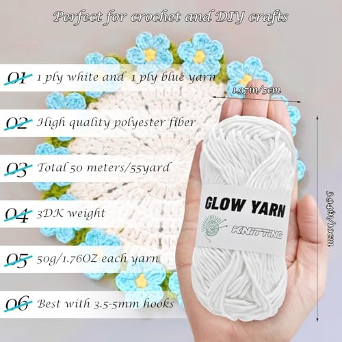 2 Rolls Yarn for Crocheting - Glow in The Dark Yarn for Crochet for DIY Art, Knitting and Crafts, 55 Yard Per Roll Beginner Crochet Kit for Adults, Christmas Halloween Decorations (White+Blue)