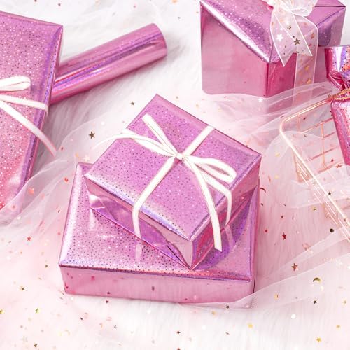 WRAPAHOLIC Pink Wrapping Paper Roll - Mini Roll - 17 Inch x 16.5 Feet - Metallic Holographic Star Wrapping Paper for Birthday, Wedding, Baby Shower, Bridal Shower, Christmas