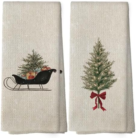 XPH Vintage Christmas Tree Kitchen Dish Towels Set of 2, Christmas Kitchen Gifts, Rustic Farmhouse Winter Xmas Sleigh Seasonal Hand Towels Tea Towel Decorations, 16x24inch