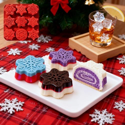 2 PCS Snowflake Silicone Mold, 9 Style Christmas Snowflake Chocolate Candy Molds Holiday Siliocne Baking Molds for Dessert Soap Candles Jello Ice Wax Melt, Xmas Party Baking Cake Decor Mold