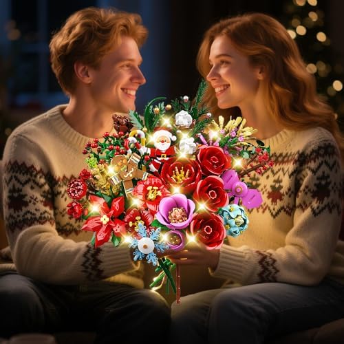 CUBIMANA 25 Pack Christmas Flower Bouquet Building Set with Light - Flowers Botanical Collection Rose Santa Gingerbread Man Artificial Plant Home Decor Party Favor Christmas Gifts for Adults Kids 12+