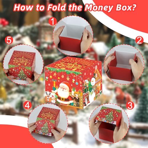 Christmas Money Box for Cash Gift Pull - Christmas Surprise Money Gift Box for Boys Girls - DIY Money Pull Box with 100Pcs Transparent Bags - BestGift for Kids Adults - Red