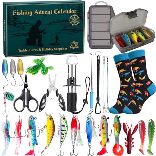 Fishing Advent Calendar 2025 for Men, 24-Day Fishing Tackle Advent Calendar with Lures, Tools, Tackle Box & Holiday Surprises, Christmas Countdown Gift for for Men, Dad, Husband
