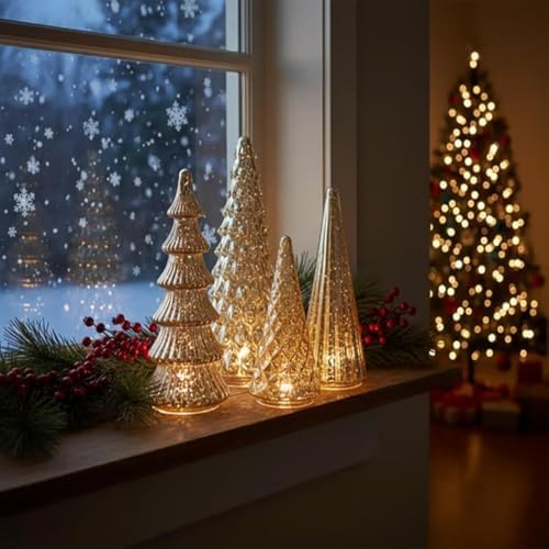 Set of 5 Illuminated Mercury Glass Trees - Upgrade Mercury Glass Christmas Trees with LED Lighted Tabletop Decor, Crackled Mercury GlassTrees for Xmas Home Party Centerpiece Tabletop Mantel (Gold)