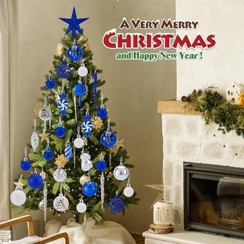 130 Pcs Christmas Ball Ornaments, Christmas Tree Decoration Set Red Christmas Ball Shatterproof Hanging Ornament Decorations for Christmas Tree, Wreaths, and Outdoor Displays(Blue)