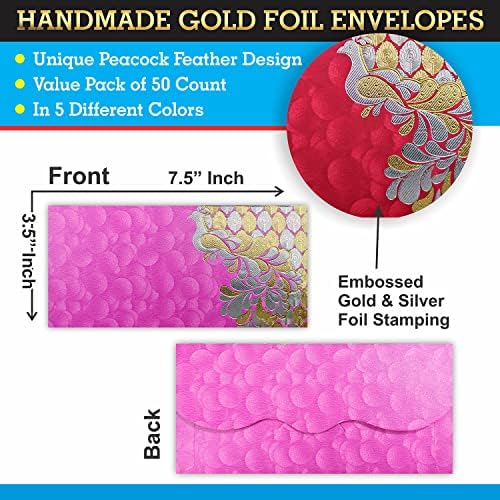 PARTH IMPEX Shagun Gift Envelope for Cash (Pack of 50) 7.5" x 3.5" Peacock Feather Gold Silver Foil Stamping Assorted Color Money Holder Card for Christmas Diwali Birthday Wedding Graduation