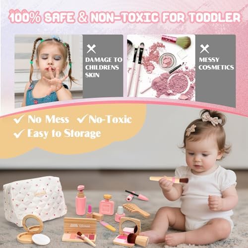 Wooden Pretend Makeup Kit for Toddlers: Non Toxic Mess Free Play Makeup Toy Set for 2 3 4 Year Old Girls - Perfect Toddler Montessori Toys Christmas Birthday Gift Ideas