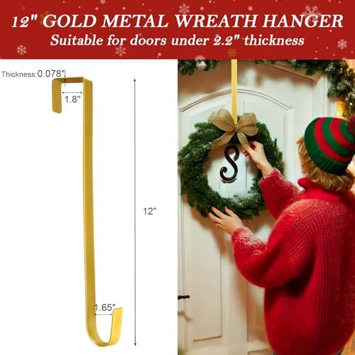 12" Metal Wreath Hanger for Front Door Non-Scratch, Damage-Free Wreath Hanger Heavy Duty, Over-the-Door Hooks for Hanging Welcome Sign, Wreath Holder for Easter, Halloween, Fall, Christmas Decorations