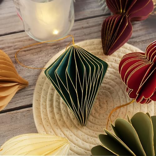 12Pcs Christmas Paper Honeycomb Ornaments for Tree, 3D Glitter Edge Paper Honeycomb Lanterns Foldable Neutral Hanging Decorations for Xmas Tree New Year Holiday Party Home Decor, Red Green Beige