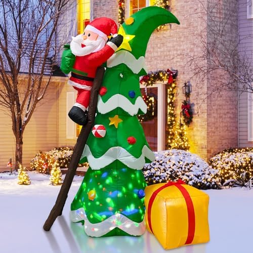 7ft Christmas Inflatables Outdoor Decorations, Christmas Blow up Santa Claus with Tree Built-in Rotating Colorful LED Lights, Xmas Holiday Party Indoor Outdoor Décor for Yard Lawn Garden