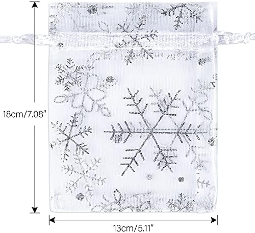 jijAcraft 5x7 Inch Christmas Organza Bags - 50Pcs White Snowflake Gift Bags with Drawstring, Xmas Party Favor Sheer Mesh Pouches for Winter Gift, Candy, Jewelry Bag