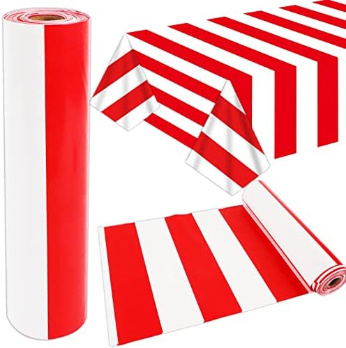 100Ft Long Tablecloth Roll Red and White Striped Tablecloth Carnival Circus Tent Party Supplies Halloween Christmas Plastic Picnic Table Cover for Birthday Party Circus Backdrop Banner Decoration