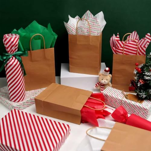 Bobobag 150 Sheets 20"X14" Christmas Tissue Paper for Gift Bags Party Decoration, Red, Green, White, Red Diagonal, Merry Christmas Wrapping Paper