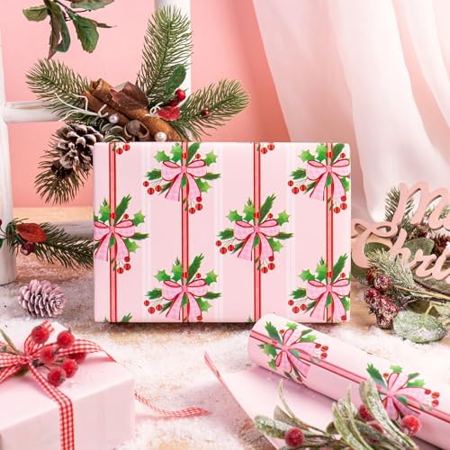 WRAPAHOLIC Reversible Christmas Wrapping Paper - Mini Roll - 17 Inch x 33 Feet - Holly and Red Bow Wrapping Paper with Solid Pink Design for Xmas Holiday, Party Celebration