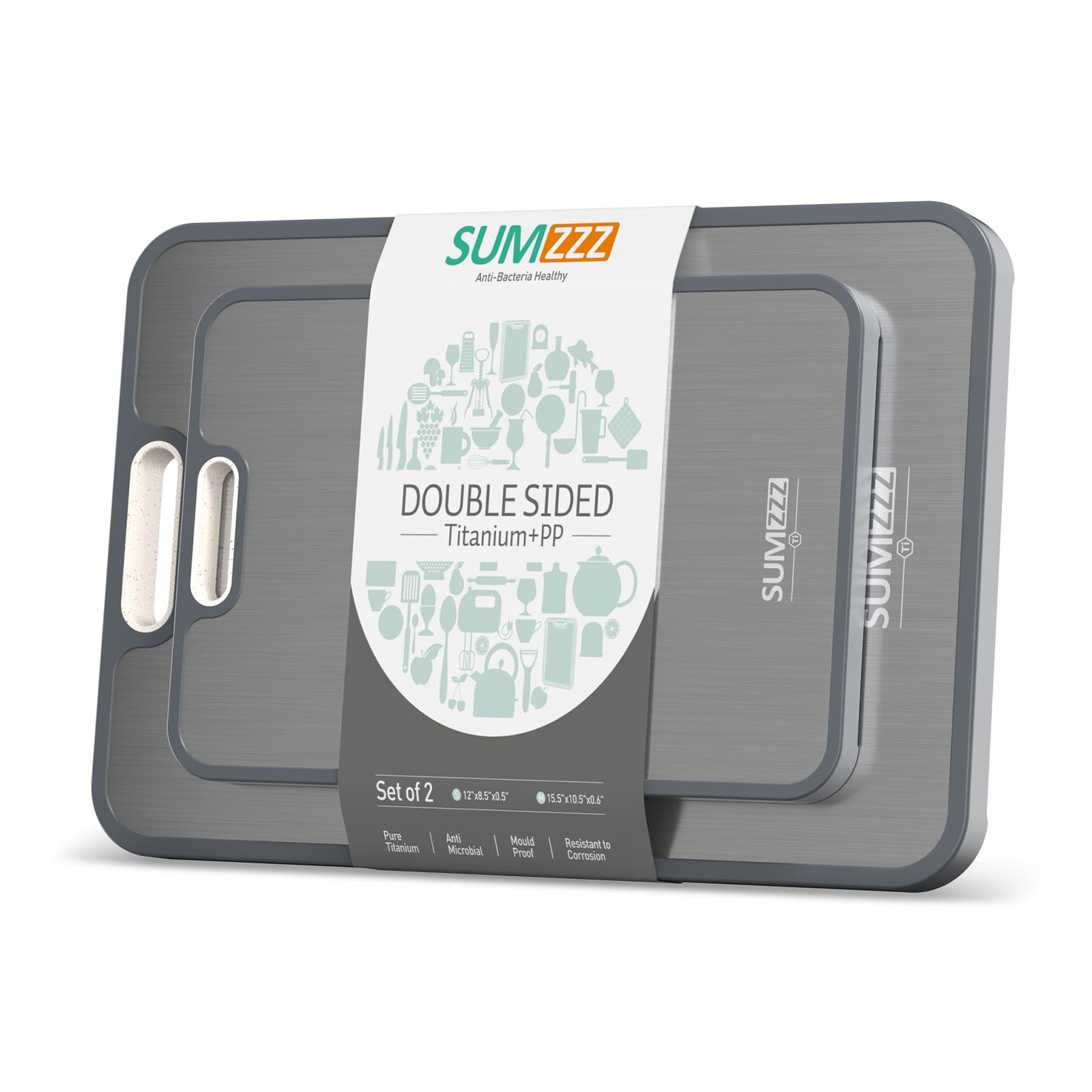 Titanium Cutting Board Double Sided Food Grade, Pure Titanium/PP for Kitchen, Cutting Board Easy to Clean[15.5”*10.5”+12”*8.5”]