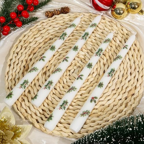 2 Pack Christmas Taper Candles, 10 Inch Unscented Candlesticks with Holly Pattern for Holiday Table Centerpiece, Fireplace Mantel, Advent Wreaths, Winter Weddings, Seasonal Home Decor