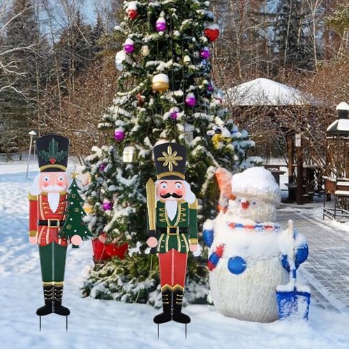YEAHOME Outdoor Christmas Decorations, Set of 2 Metal Nutcracker Decorative Garden Stakes for Christmas Outdoor Yard, Xmas Walnut Soldier Yard Signs for Outside Home Garden Lawn Porch Pathway Decor