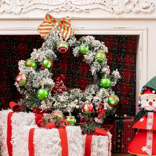 14 Pcs Christmas Ball Ornaments Set, 12 Red and Green Glittering Elf Balls with 2 Bows, 2.4 Inch Shiny Hanging Bulbs for Christmas Tree Decorations, Holiday Party, Table Centerpiece and Home Decor