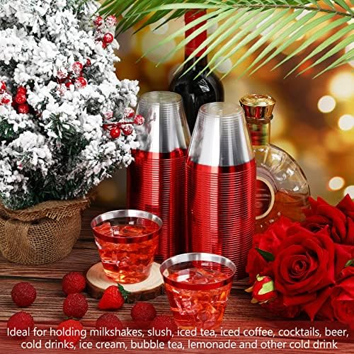 Lounsweer 100 Pcs 9oz Rimmed Plastic Cups Christmas Clear Cocktail Cups Heavy Duty Disposable Wine Glasses for Birthday Bridal Shower Baby Shower Holiday Celebrations(Red)