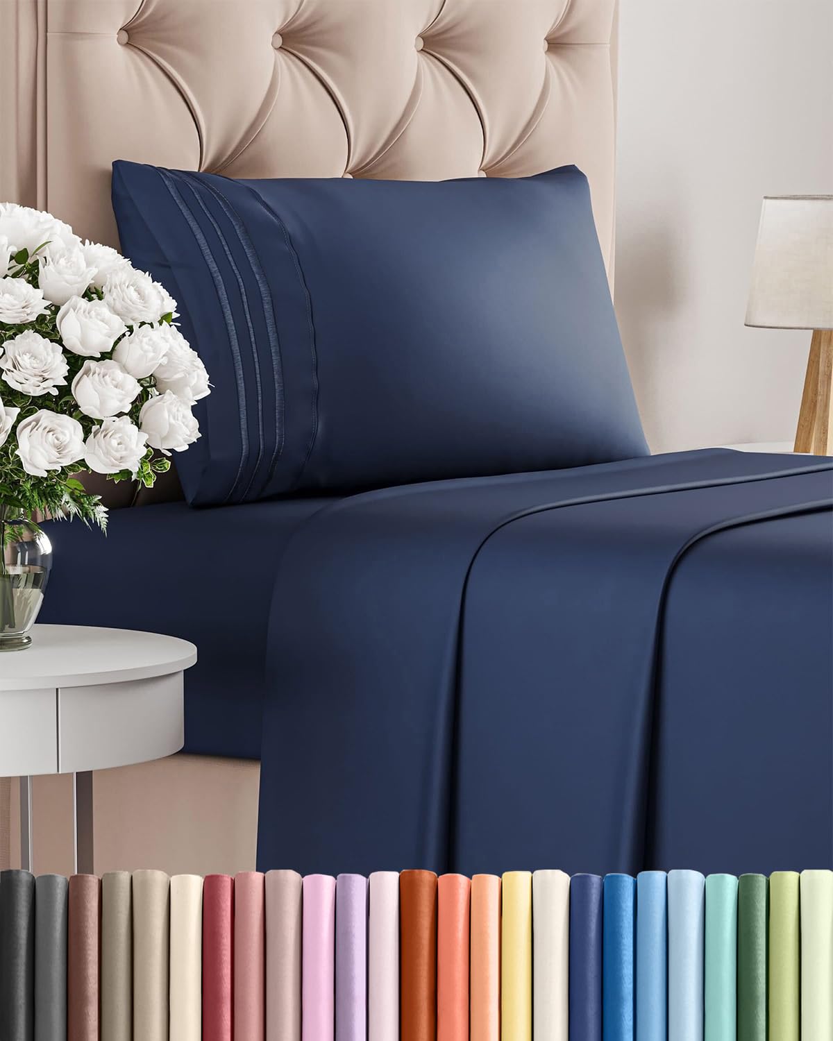 Twin Size 3 Piece Sheet Set - Comfy Breathable & Cooling Sheets - Hotel Luxury Bed Sheets for Women & Men - Deep Pockets, Easy-Fit, Extra Soft & Wrinkle Free Sheets - Navy Blue Oeko-Tex Bed Sheet Set