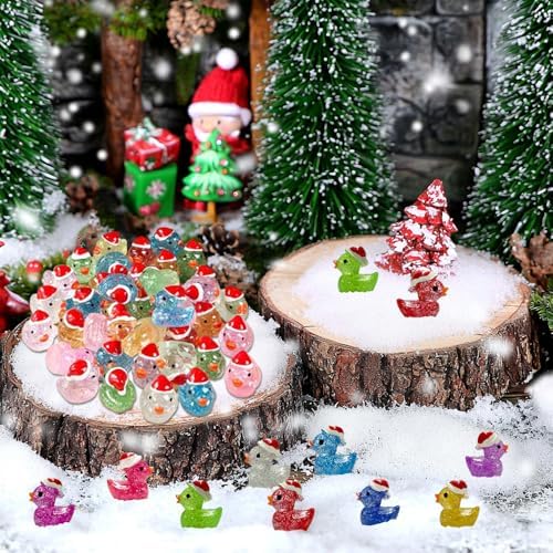 100PCS Christmas Glitter Mini Resin Ducks, Luminous Miniature Figures Tiny Ducks Micro Landscape Garden Aquarium Dollhouse for Xmas Birthday Ornaments