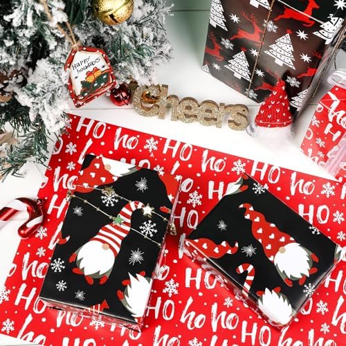 WRAPAHOLIC Christmas Wrapping Paper Sheet - 12 Sheets Red and Black Chrismas Gnome Design Folded Flat with 12 Gift Tags for Holiday, Party Celebration - 19.7 Inch X 27.5 Inch Per Sheet