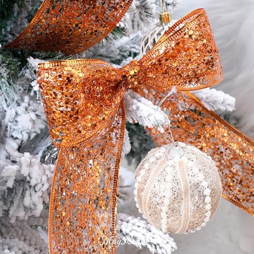 MAYREEL 2.5 Inch Orange Mesh Wired Halloween Ribbon Metallic Sequin Glitter Web for Christmas Tree Gift Wrapping Crafts Topper Bows Wreaths Holiday Decor Garland 10 Yards
